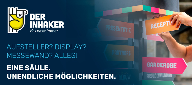 Produkt 'Inhaker' von ENTDECKER, ein multifunktionales Display mit verschiedenen Beschilderungen für Veranstaltungen.