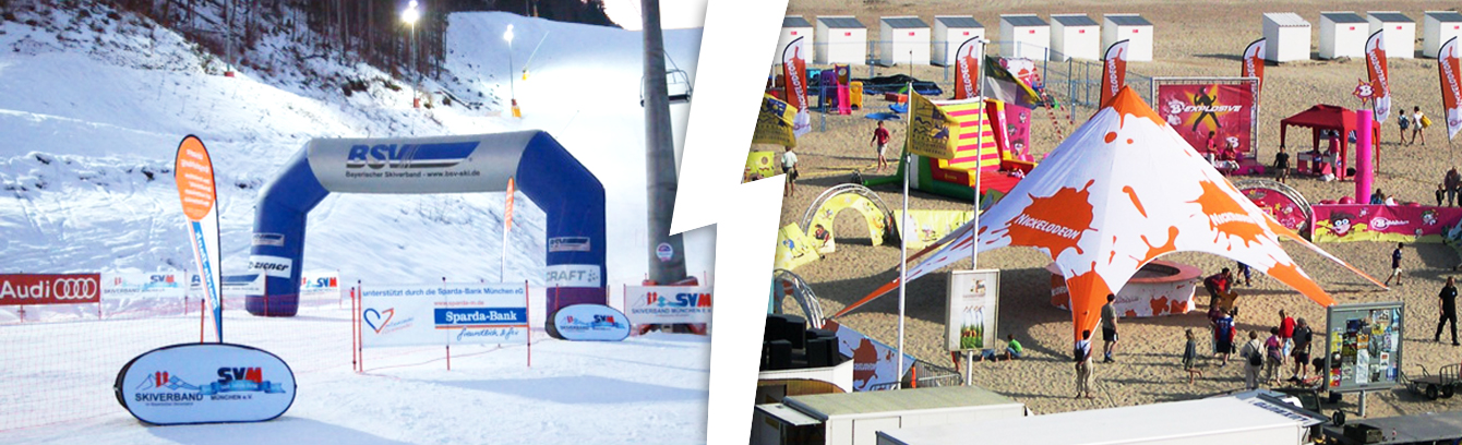 Vergleich zwischen einem Schnee-Sand Header auf einer Skipiste und einem Strand mit bunten Zelten und Aktivitäten.