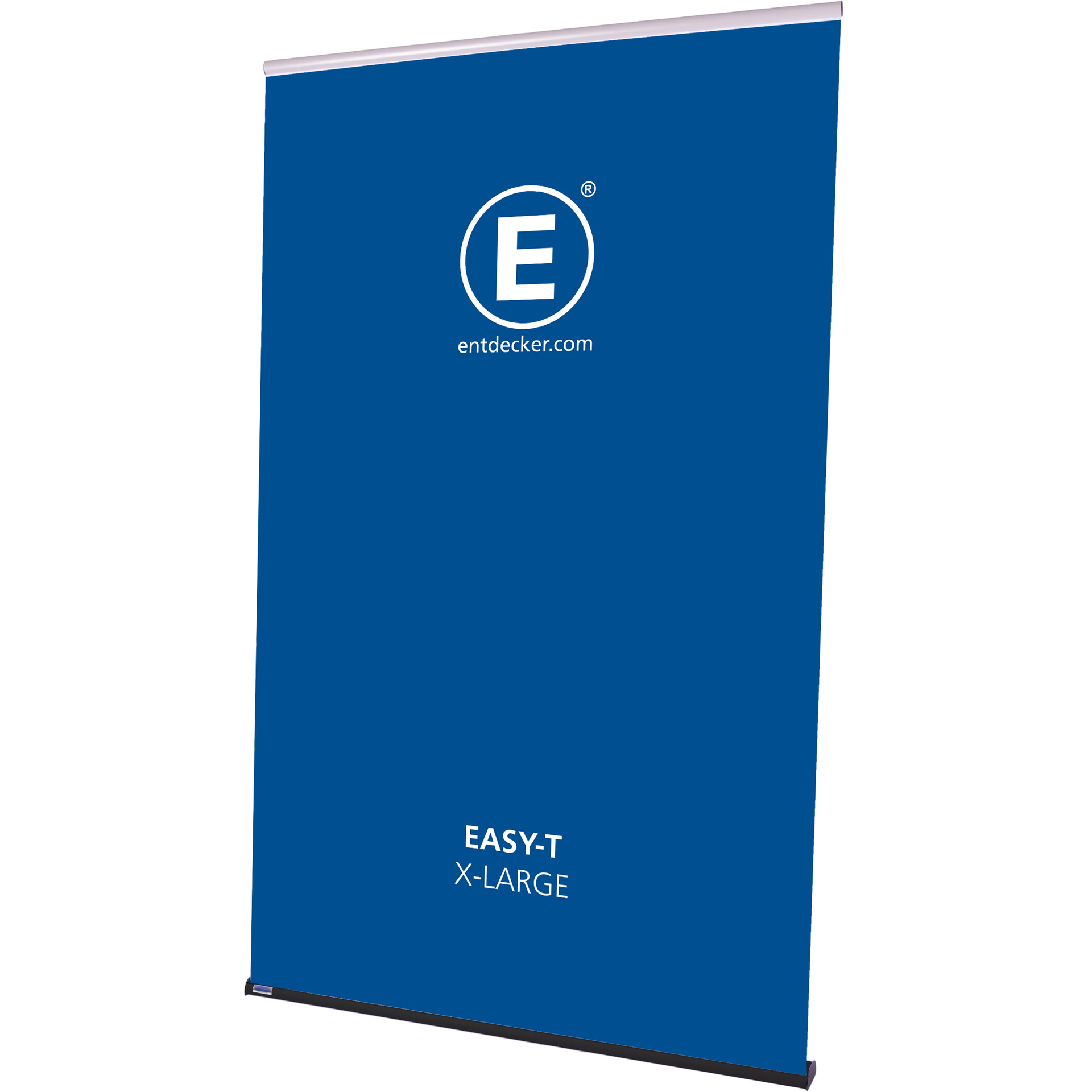 Zwei Roll-Up Banner des Produkts Rollup Easy-T Roll Up Set Small X Large in blauer Farbe mit dem Logo E und der Website entdecker.com.