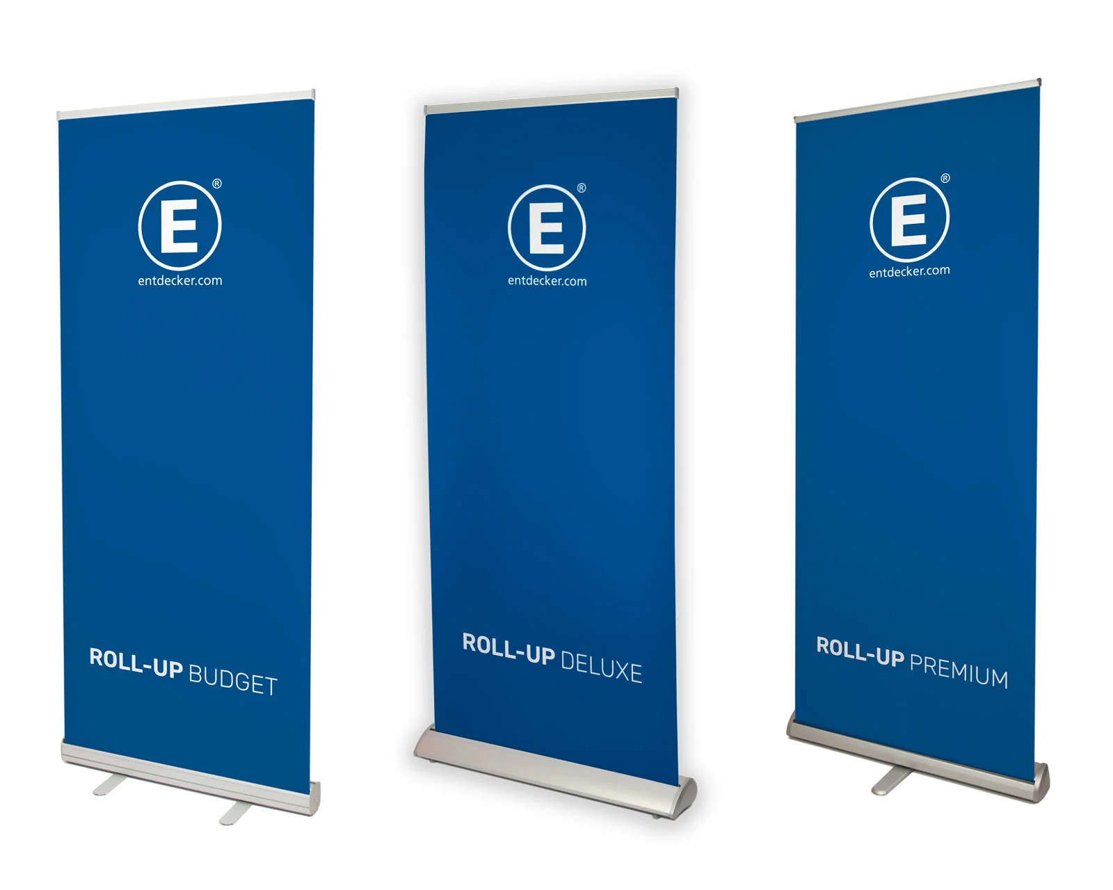 Drei Rollups von ENTDECKER in Blau: Budget, Deluxe und Premium, jeweils mit dem Logo und der Website.
