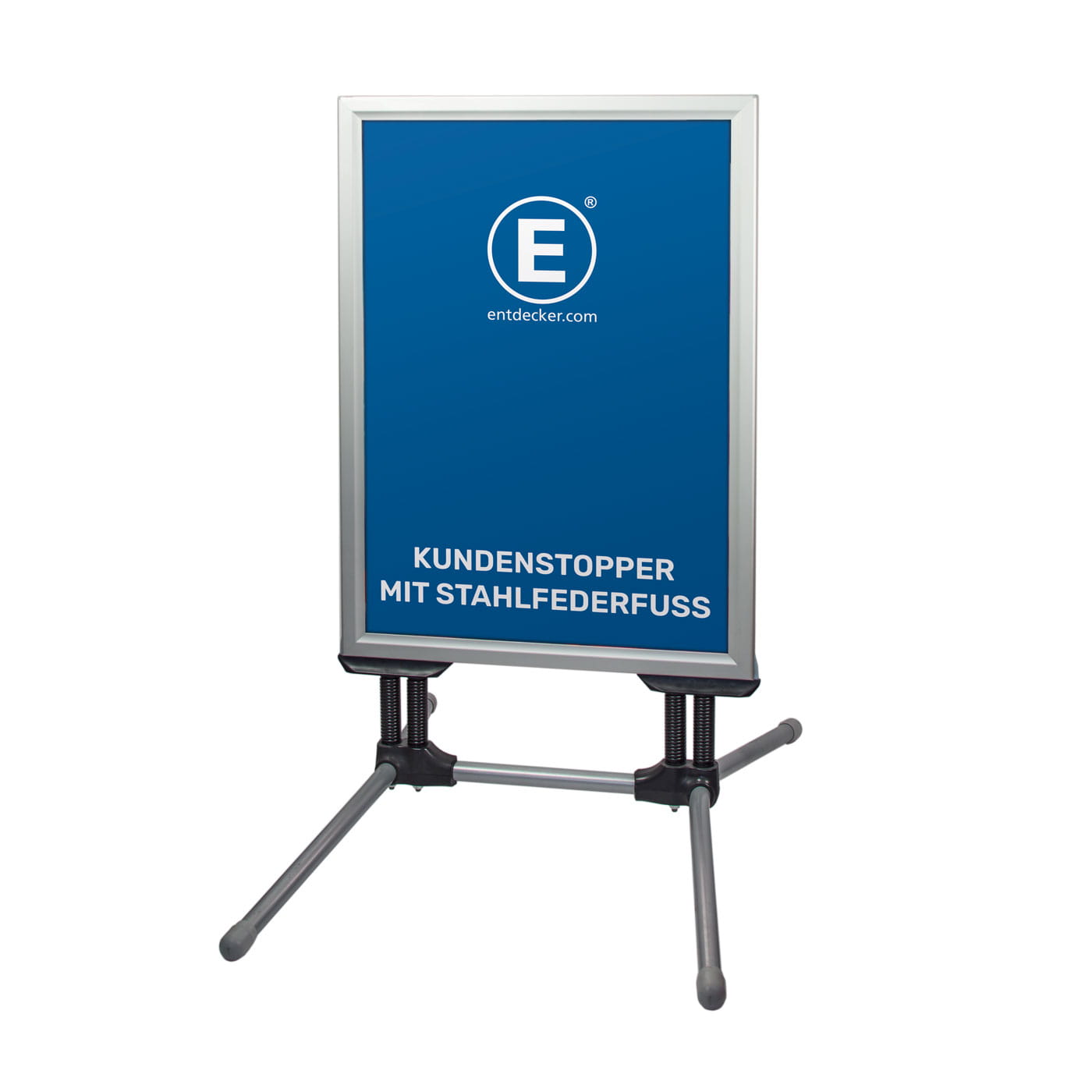 Kundenstopper mit Wassertank von ENTDECKER, blauer Hintergrund mit weißem Text KUNDENSTOPPER MIT WASSERTANK und Logo.