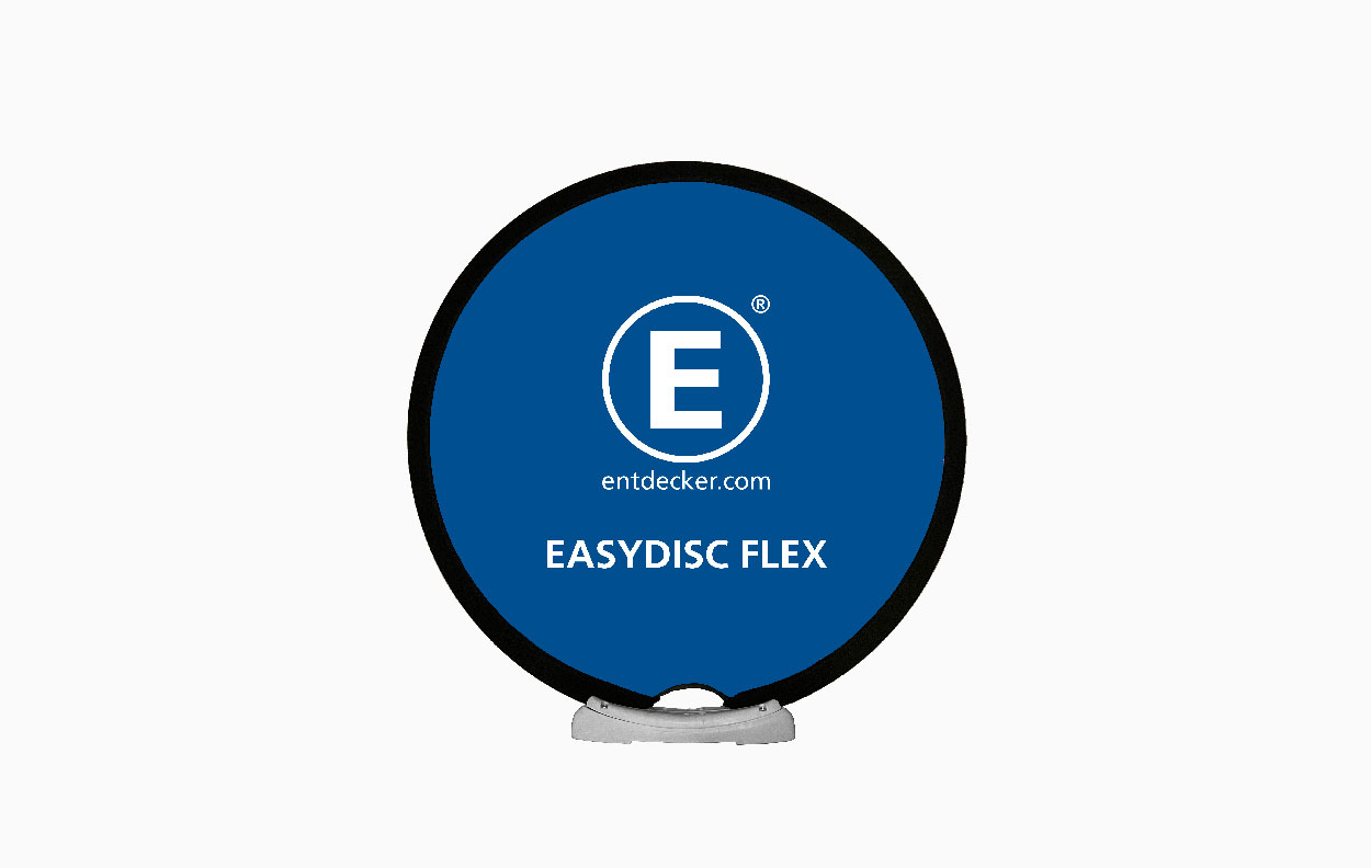 Rundes Werbedisplay Easydisc Größe 80 in Blau mit dem Schriftzug 'EASYDISC FLEX' und der Webseite 'entdecker.com'.