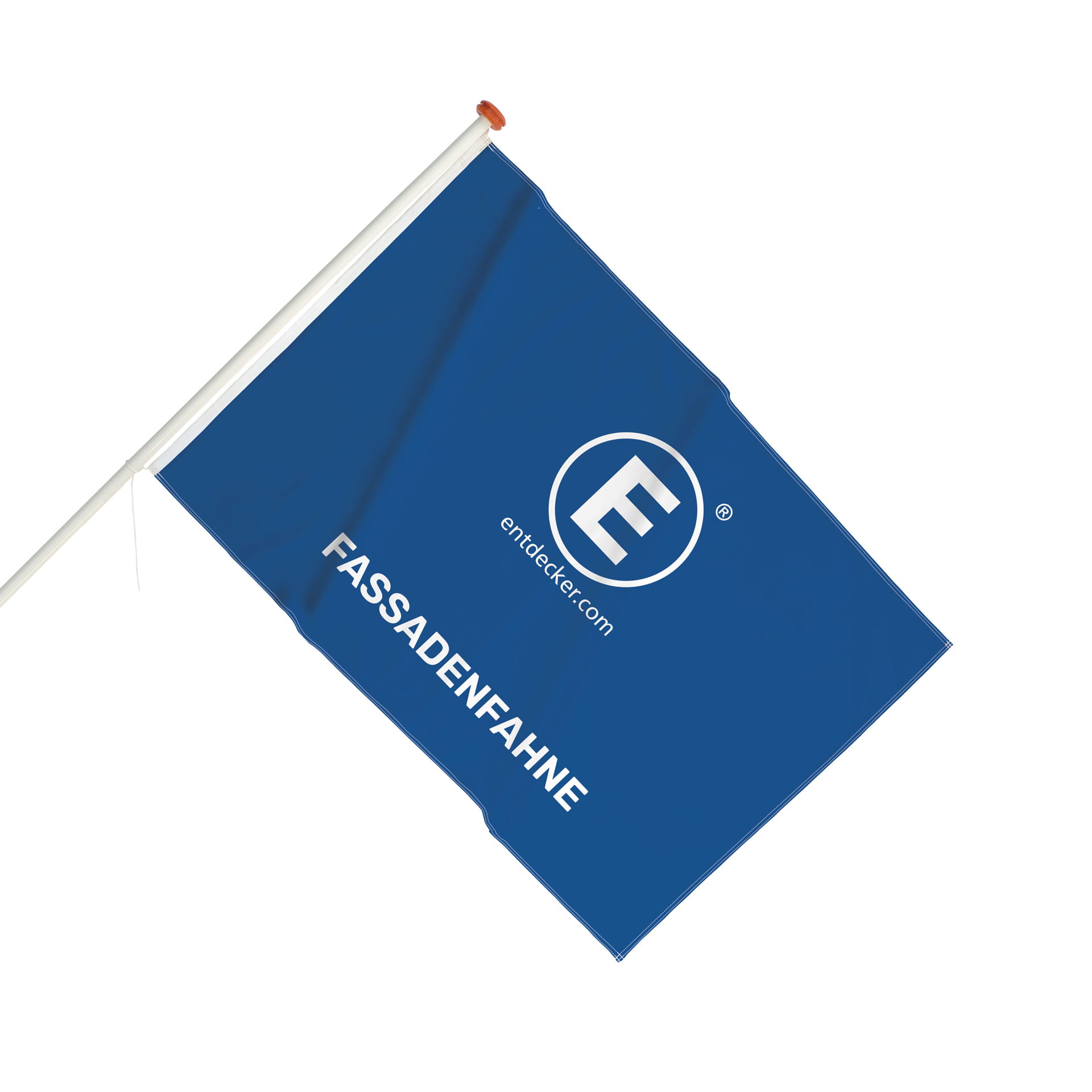 Blaue Fassadenfahne mit dem Text FASSADENFAHNE und dem Logo von ENTDECKER.