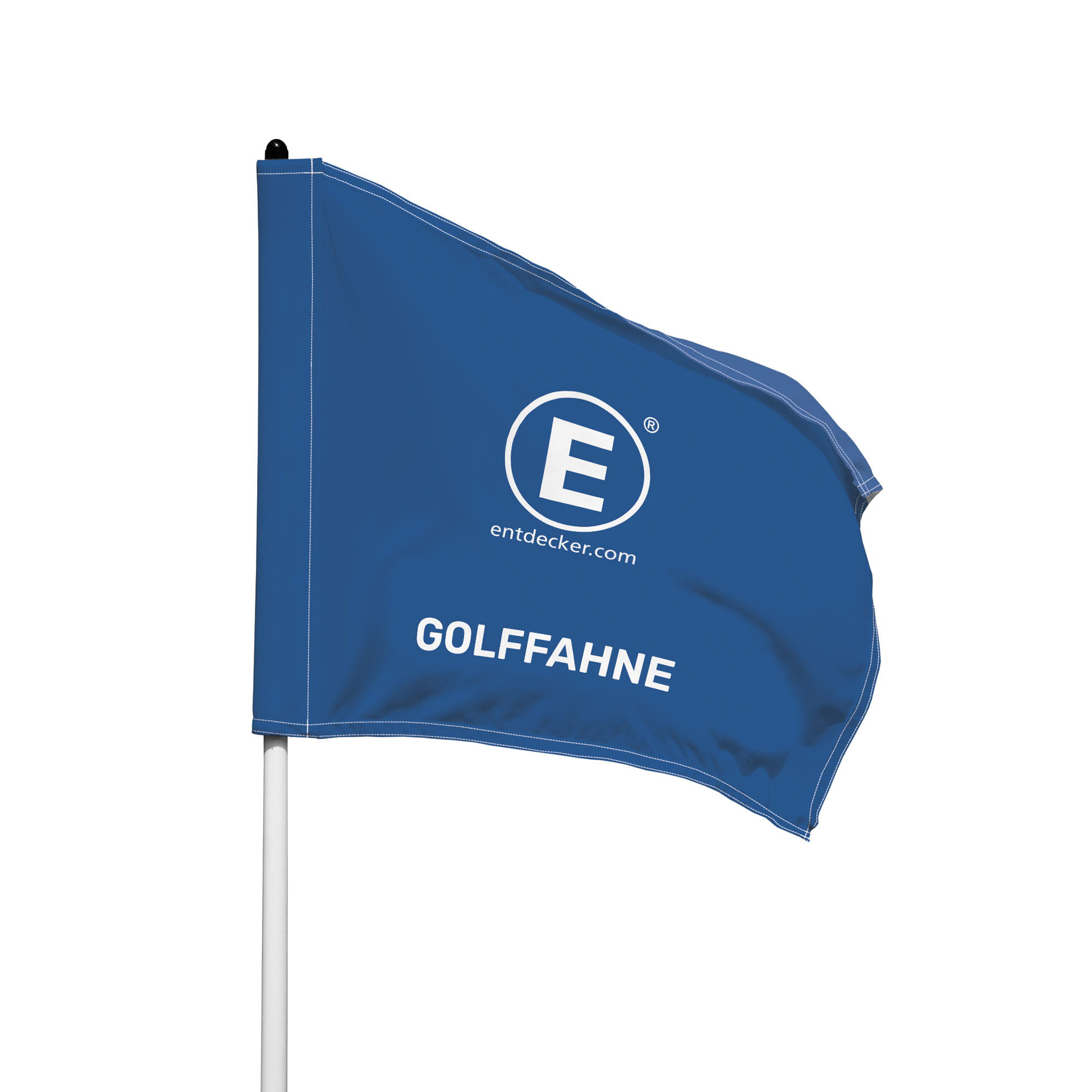 Blaue Golffahne mit dem Text GOLFFAHE und dem Logo von ENTDECKER.