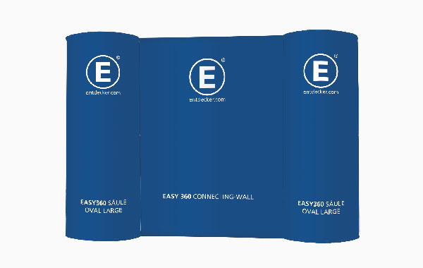 Das Easy 360 Ausführung Set besteht aus drei blauen Säulen mit dem Logo 'E' und der Aufschrift 'EASY 360 CONNECTING-WALL'.