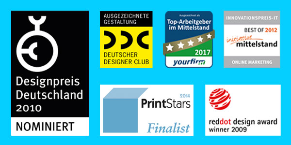 Auszeichnungen für das Produkt 'Mehr über Entdecker erfahren': Designpreis Deutschland 2010, Deutscher Designer Club, Top-Arbeitgeber im Mittelstand 2017, PrintStars 2014 Finalist, reddot design award winner 2009.