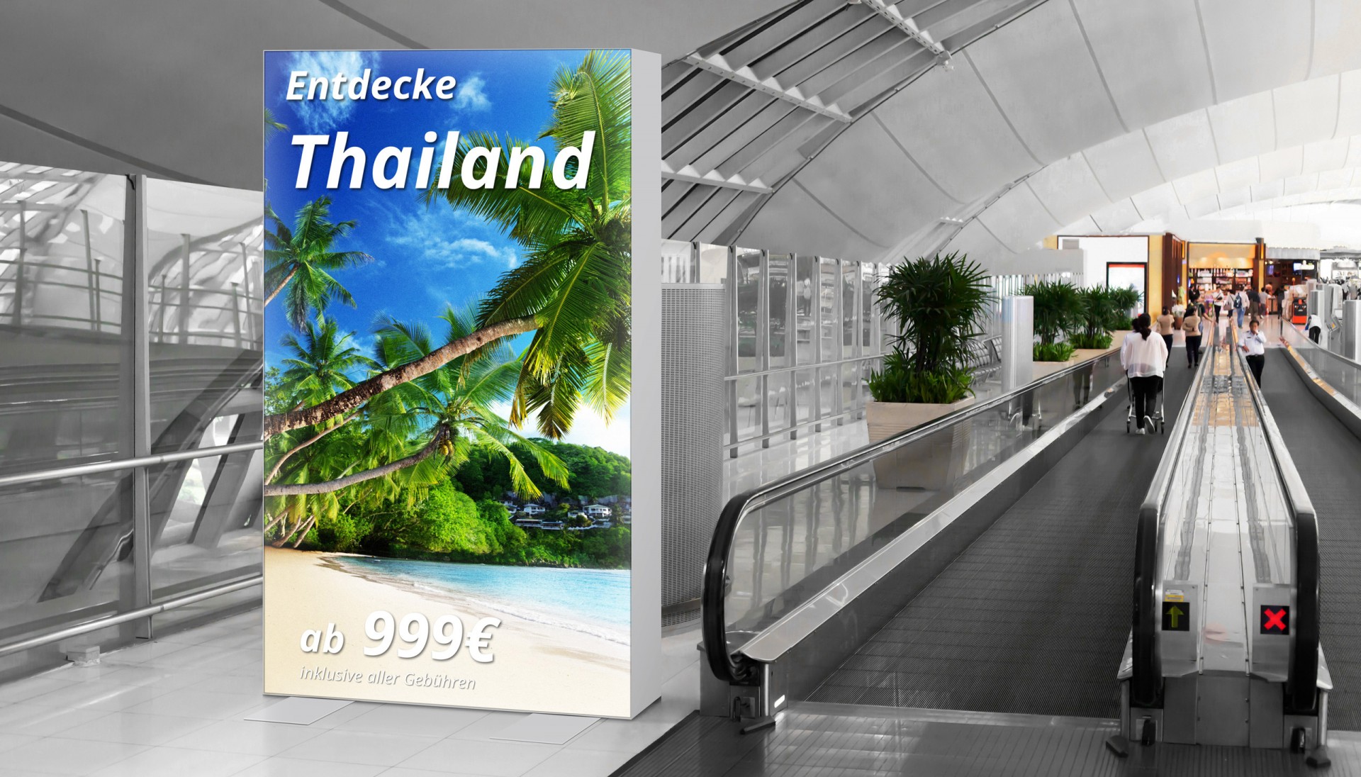 Textilspannrahmen Easyframe Aufsteller Terminal mit einem Werbeplakat für Thailand, das eine tropische Landschaft zeigt.