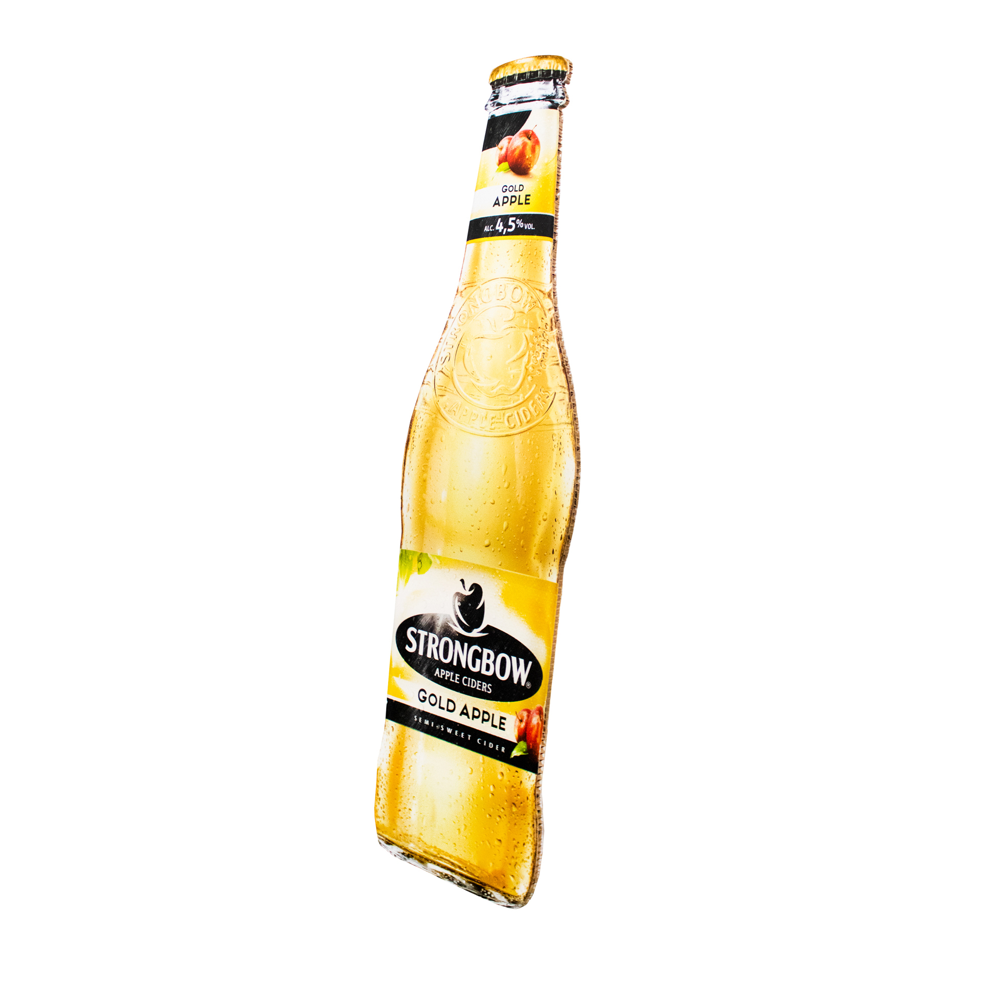 Flasche Strongbow Gold Apple Cider, 0,5 l, mit Wassertropfen auf der Oberfläche.