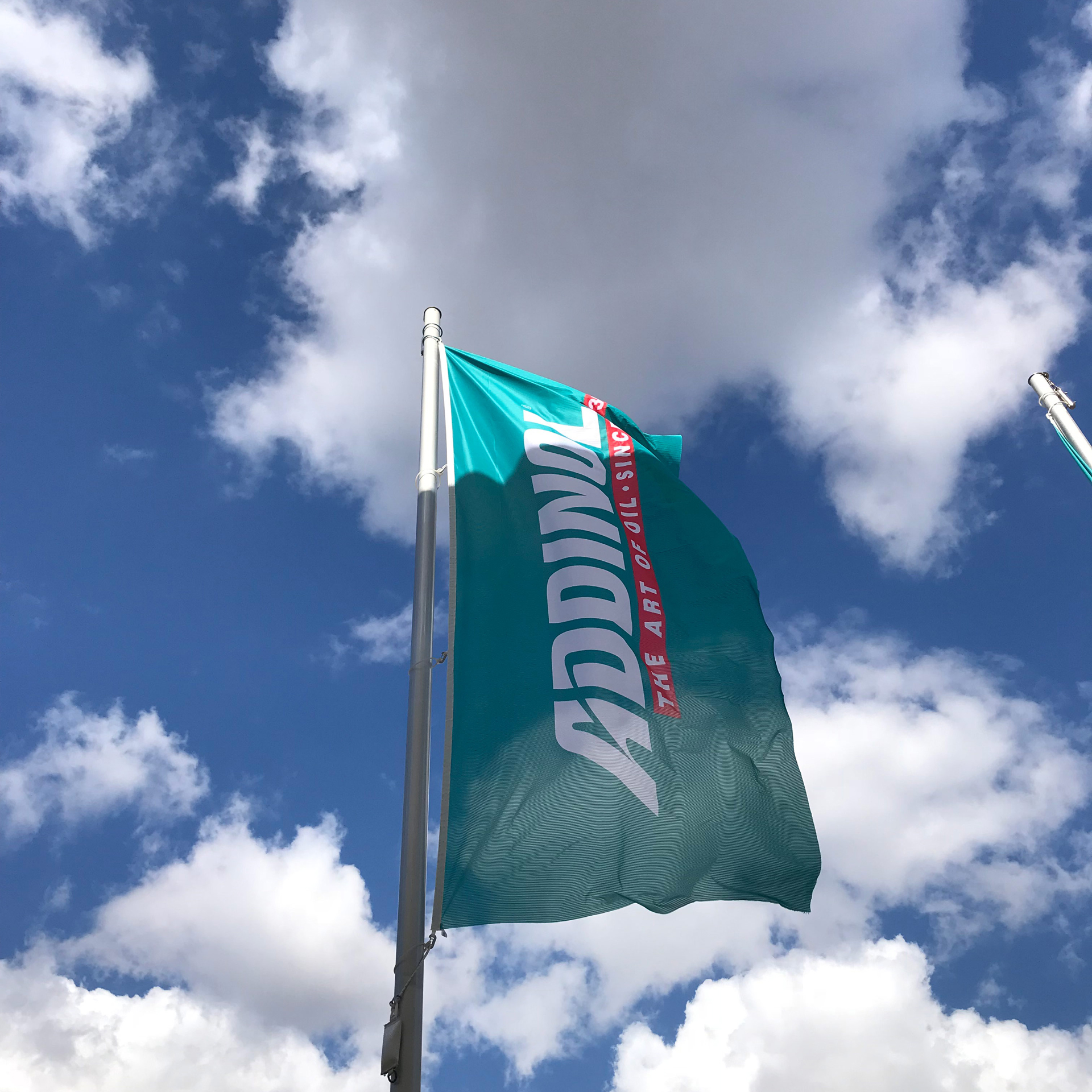 Blaue Hissfahne mit dem Logo E und der Website entdecker.com auf einem weißen Mast.
