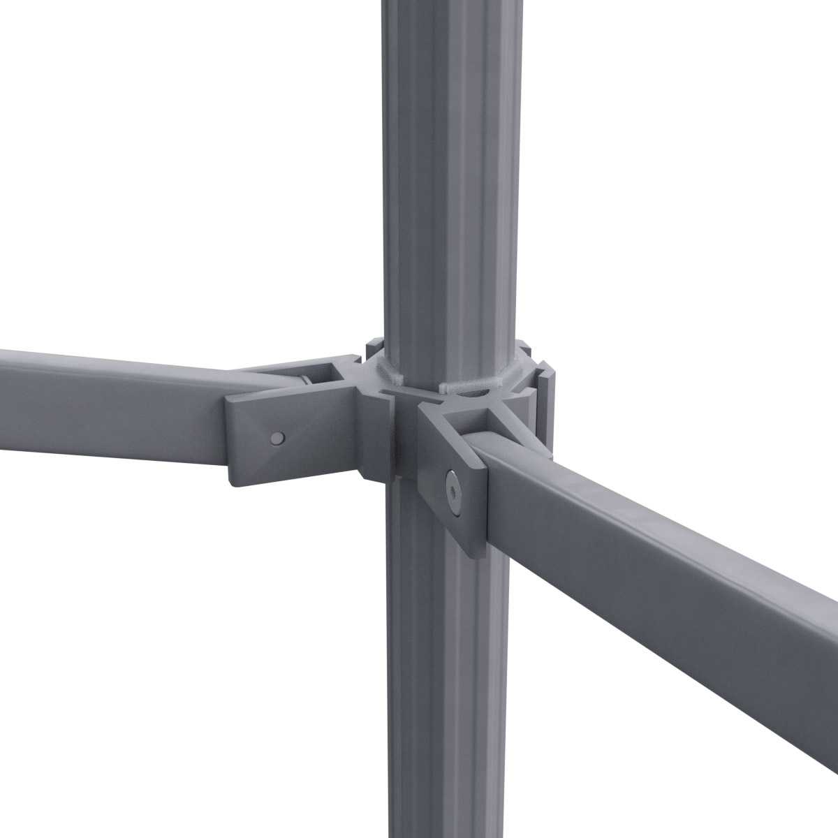 Detailansicht des Faltzeltes Octa Optima 3x3 mit verschiedenen Komponenten wie Rahmen, Gelenken und Standfüßen.