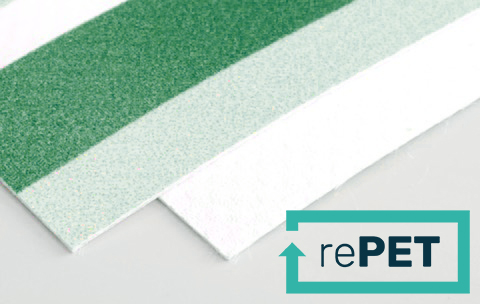 Materialstreifen aus rePET in Grün und Weiß, für Event-Bin verwendet.