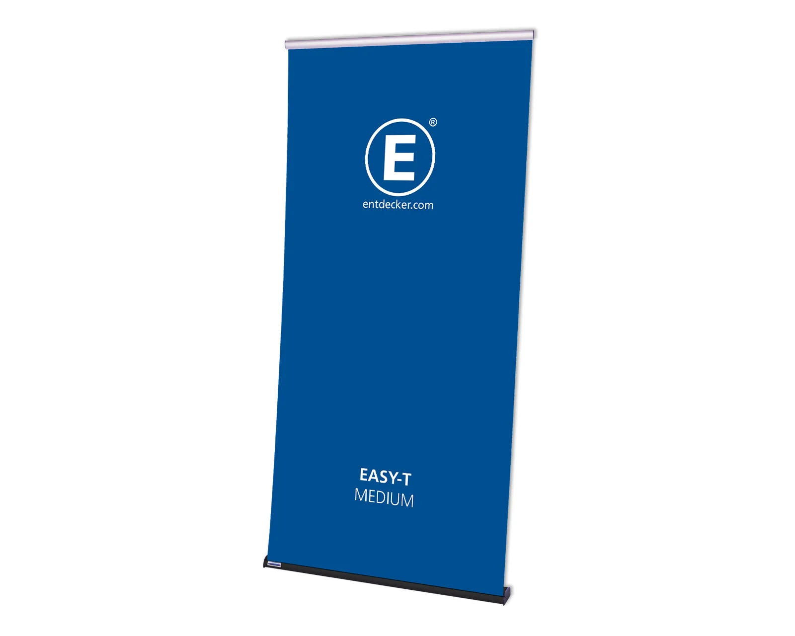 Roll-Up Banner 'EASY-T MEDIUM' von ENTDECKER, blaue Hintergrundfarbe mit Logo und Produktbezeichnung.