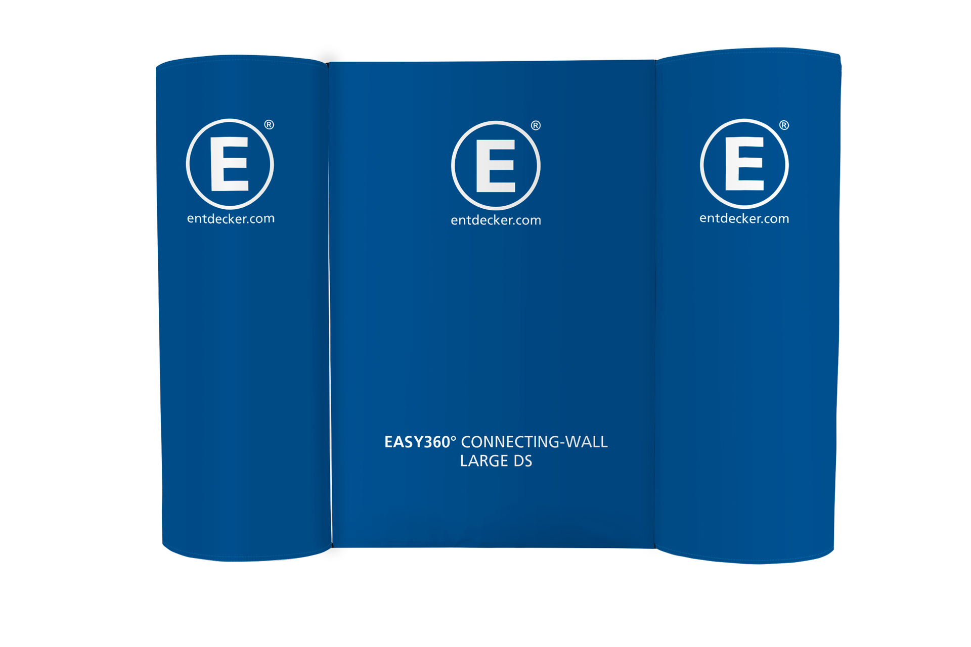 Messesystem Messewand Easy360 in Blau mit dem Schriftzug EASY360 CONNECTING-WALL LARGE DS und dem Logo von ENTDECKER.