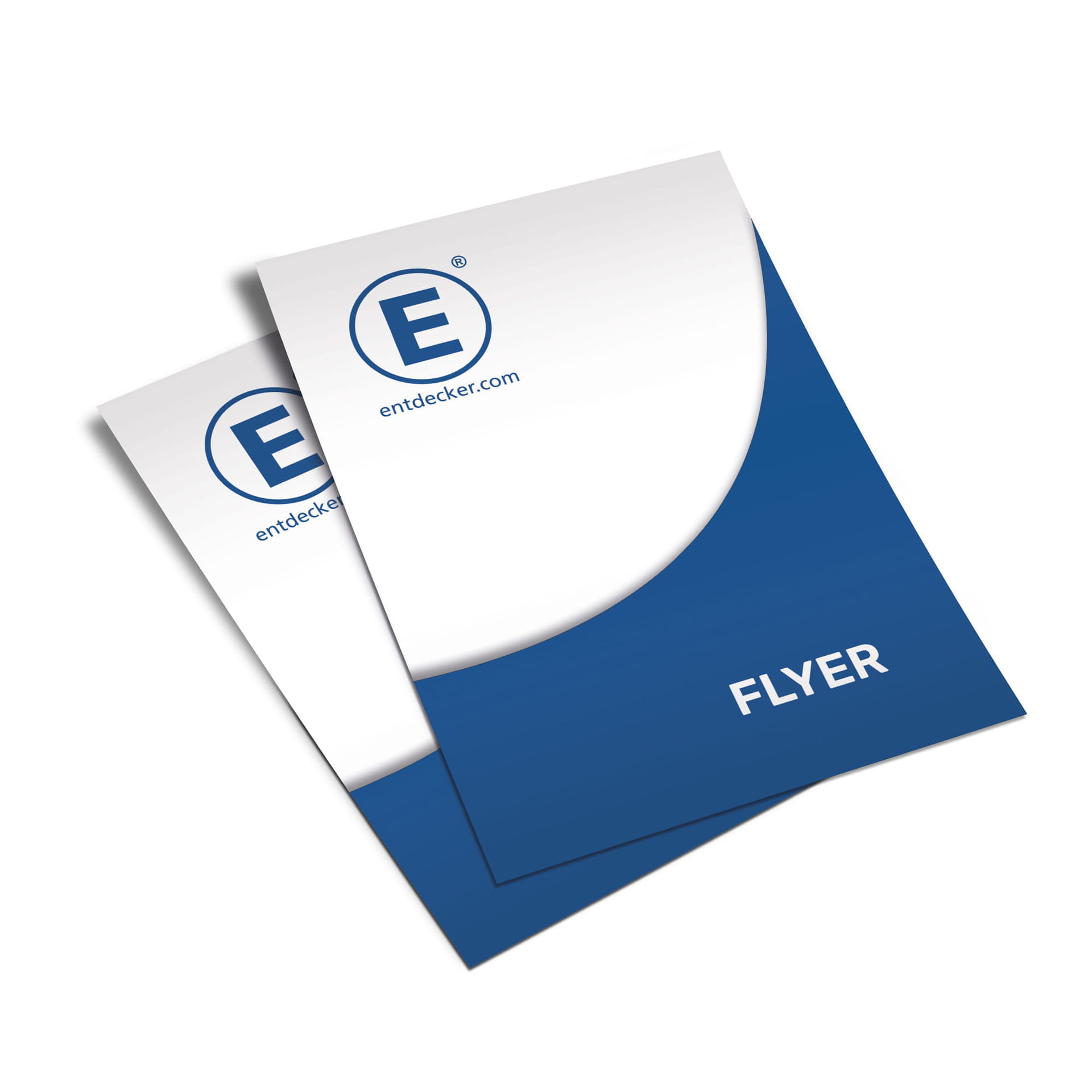 Zwei bedruckte Flyer von ENTDECKER mit blauem Design und dem Text FLYER.