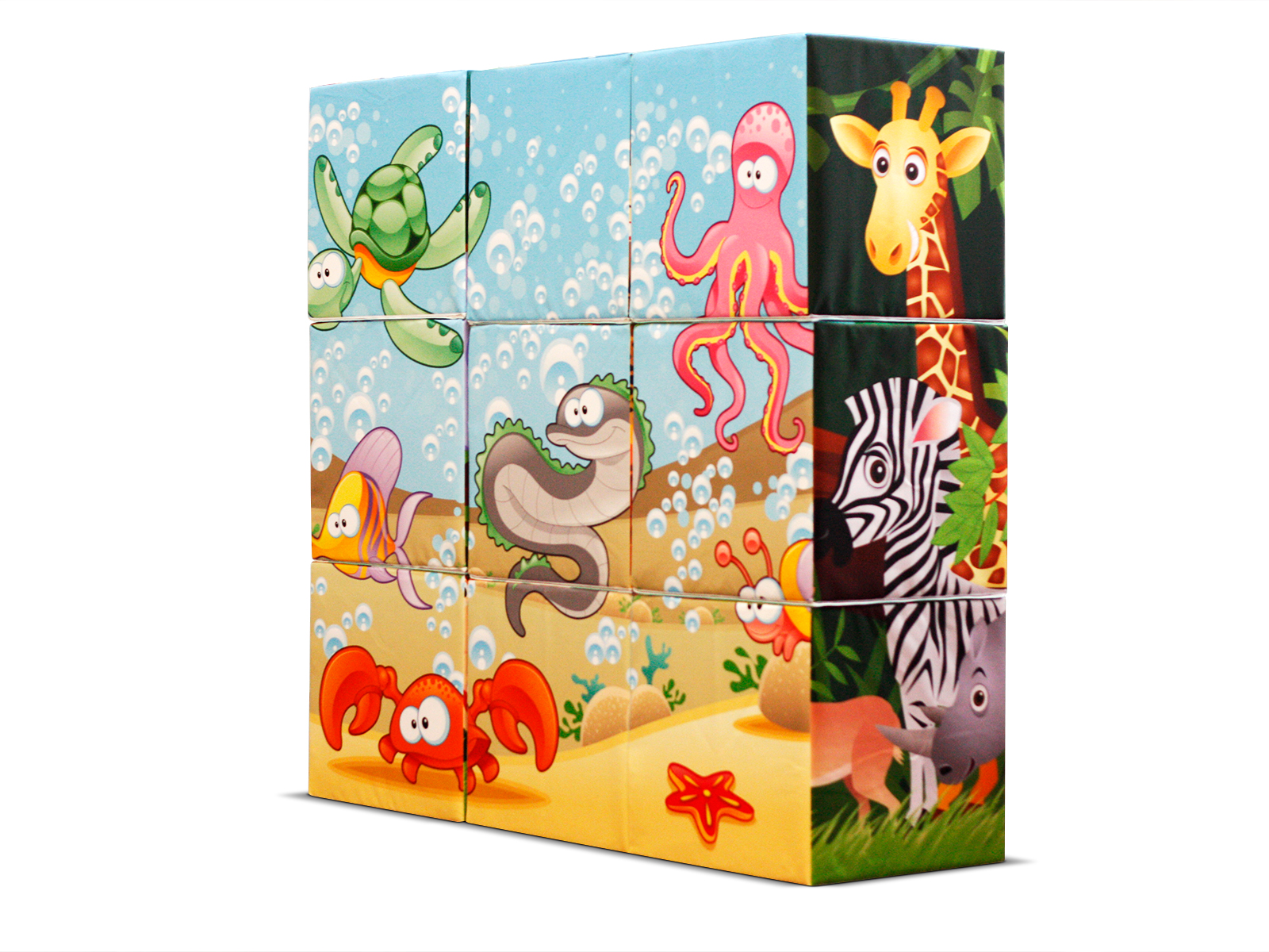 Sitzwürfel Stapel Kindergarten mit bunten Tiermotiven wie Schildkröte, Oktopus und Giraffe.
