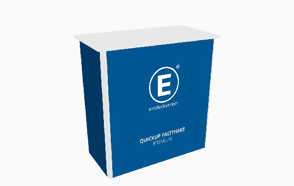 Quickup Klapptheke aus Stoff in blauer Ausführung mit weißem Oberteil und dem Logo von ENTDECKER.