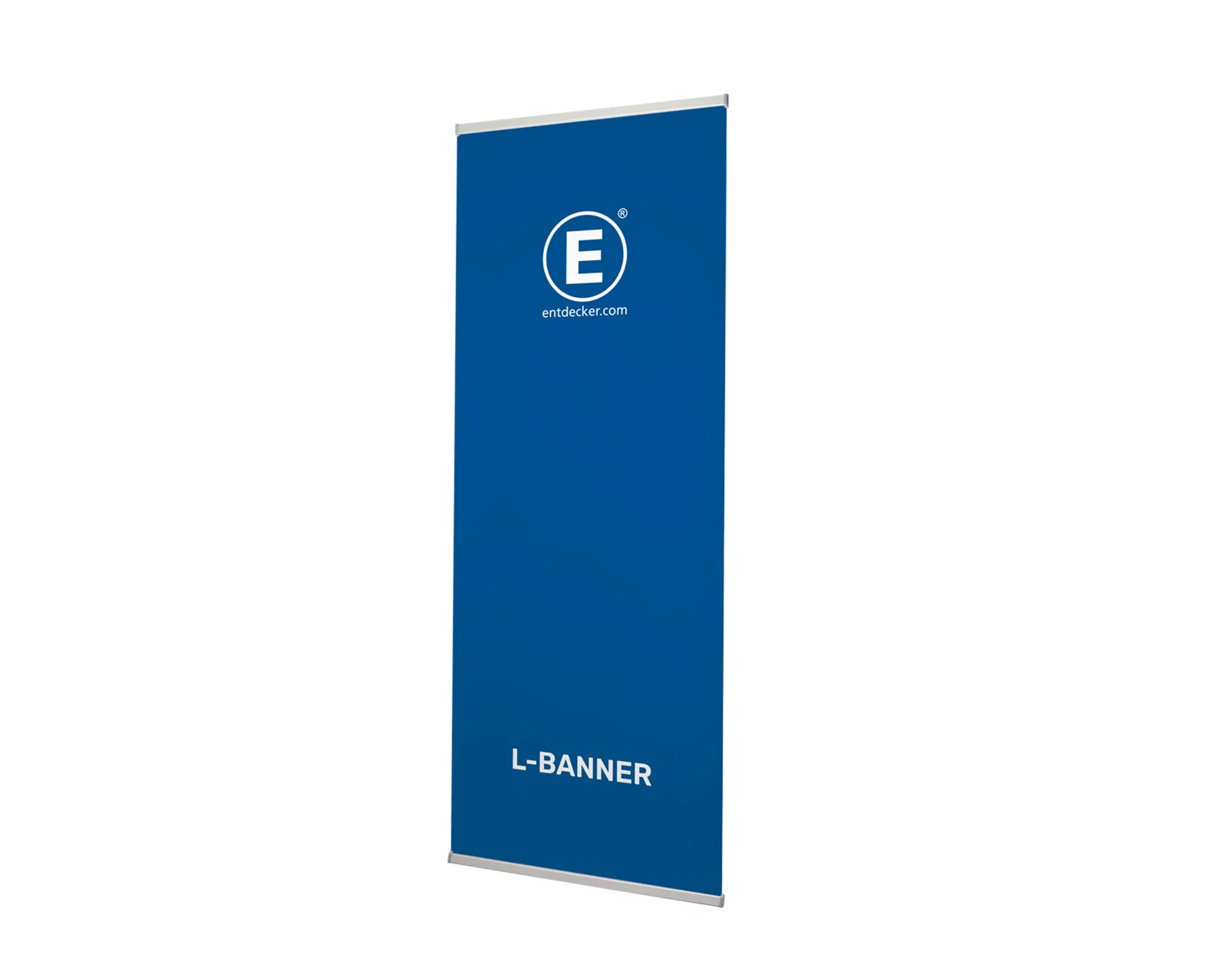 L-Banner von ENTDECKER in Blau mit dem Schriftzug 'L-BANNER' und dem Logo von ENTDECKER.