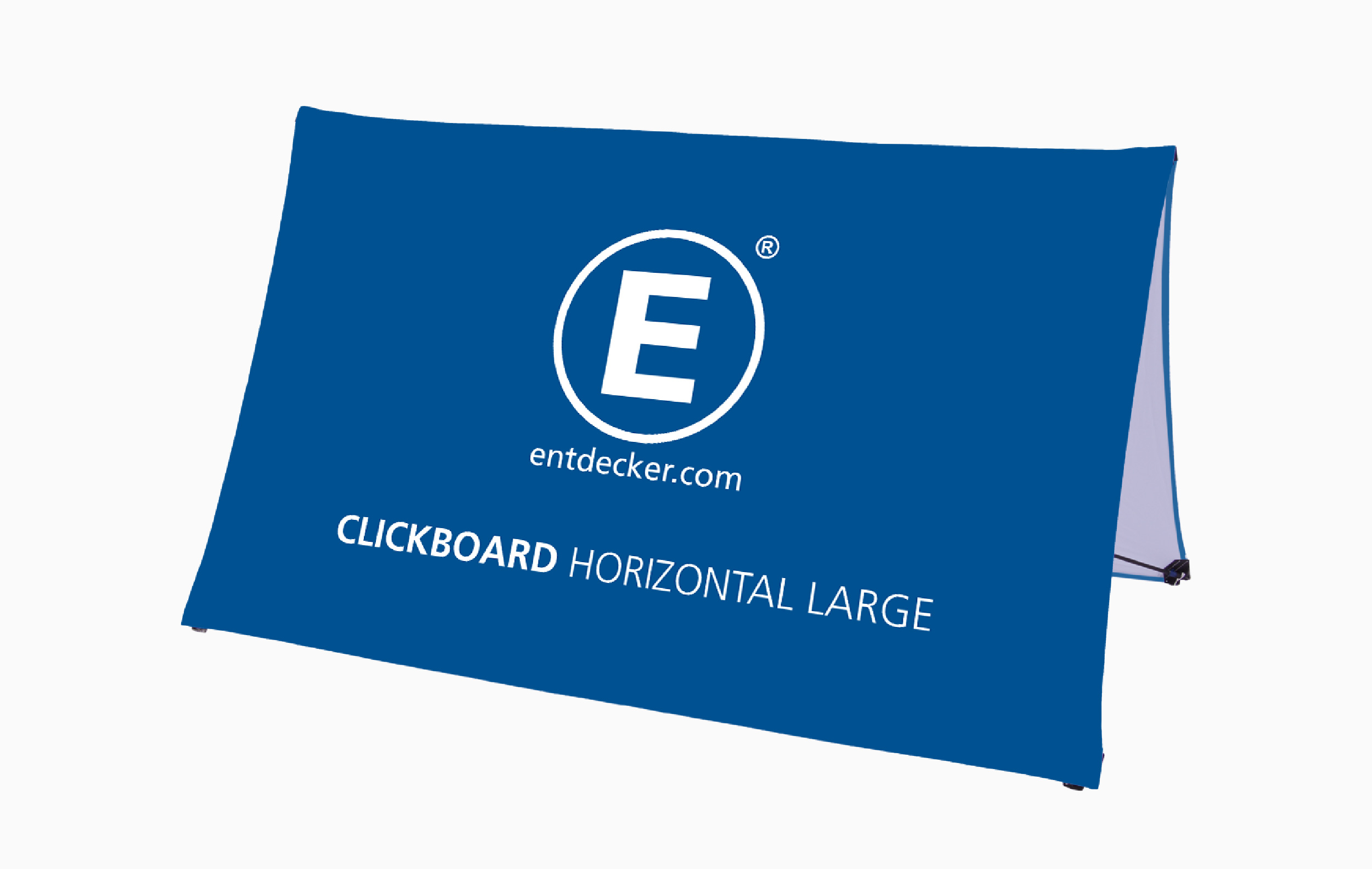 Große Werbebande von ENTDECKER in Blau mit dem Text 'CLICKBOARD HORIZONTAL LARGE' und dem Logo 'E'.