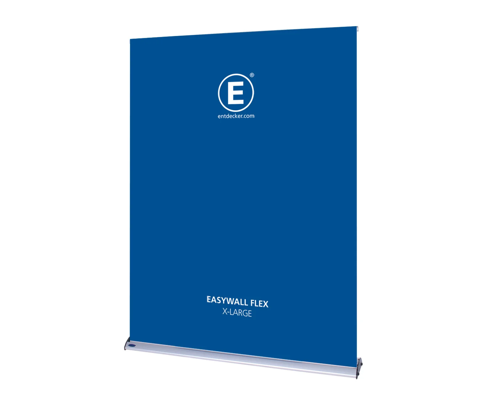 Messestand mit blauer Hintergrundwand 'EASYWALL FLEX X-LARGE' von ENTDECKER, mit Logo.