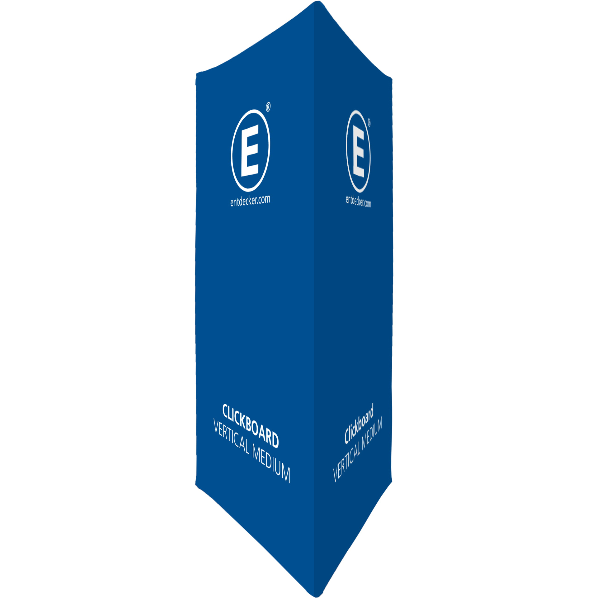 Werbebande Clickboard Vertical Large in Blau, zeigt das Logo von ENTDECKER und den Produktnamen.