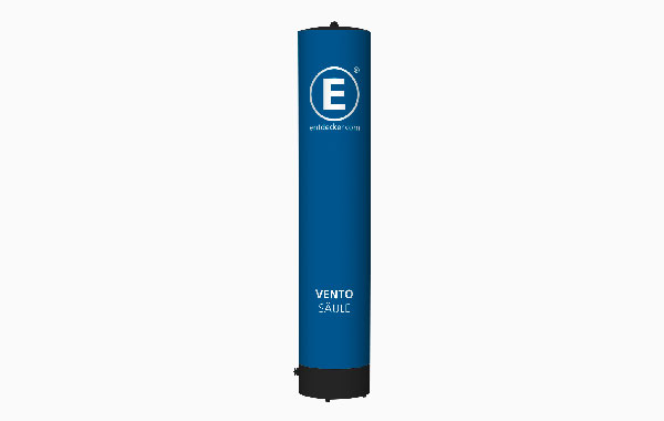 Ventosäule von ENTDECKER, 4m hoch, in Blau mit Logo und der Aufschrift 'VENTO SAULC'.