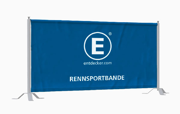 Blaue Banner mit dem Text 'RENNSPORTBANDE' und dem Logo von ENTDECKER.