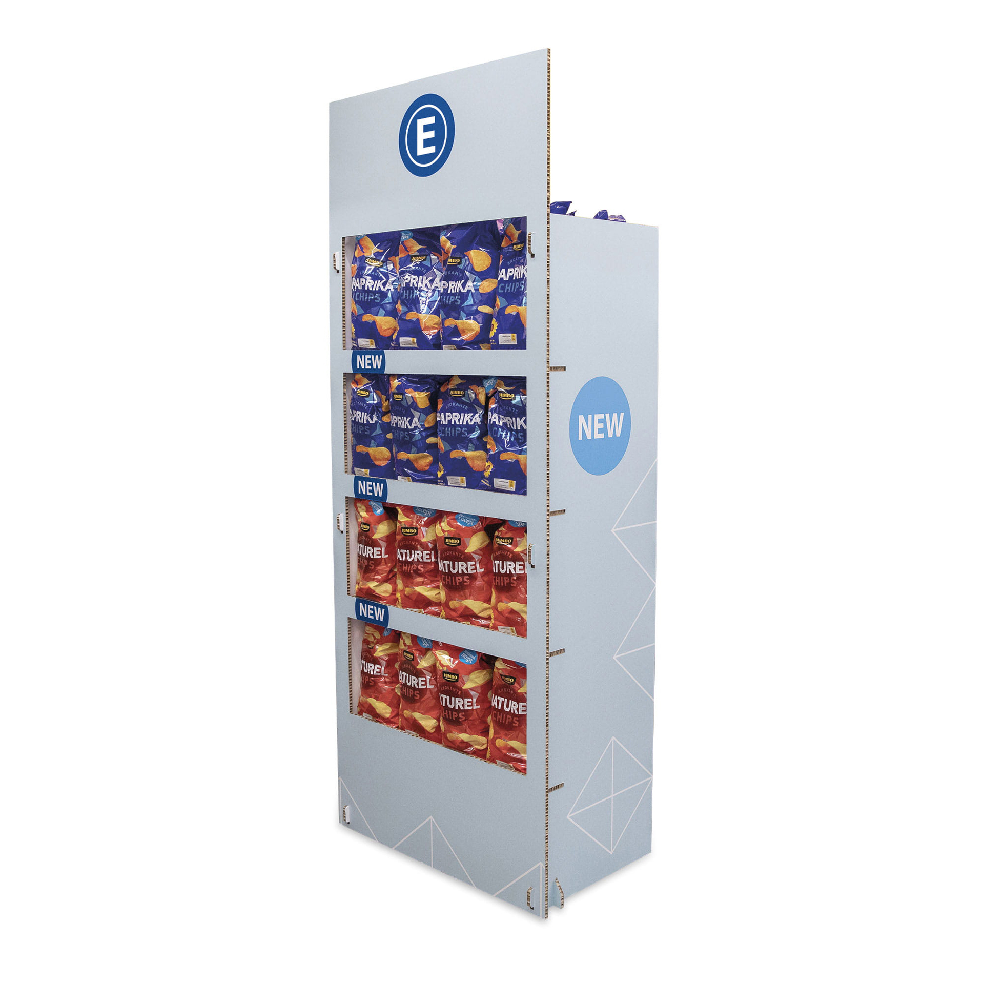POS Display bedruckt mit verschiedenen Snackverpackungen, darunter APRIKOSEN und TUREL, in einem hellen Design.