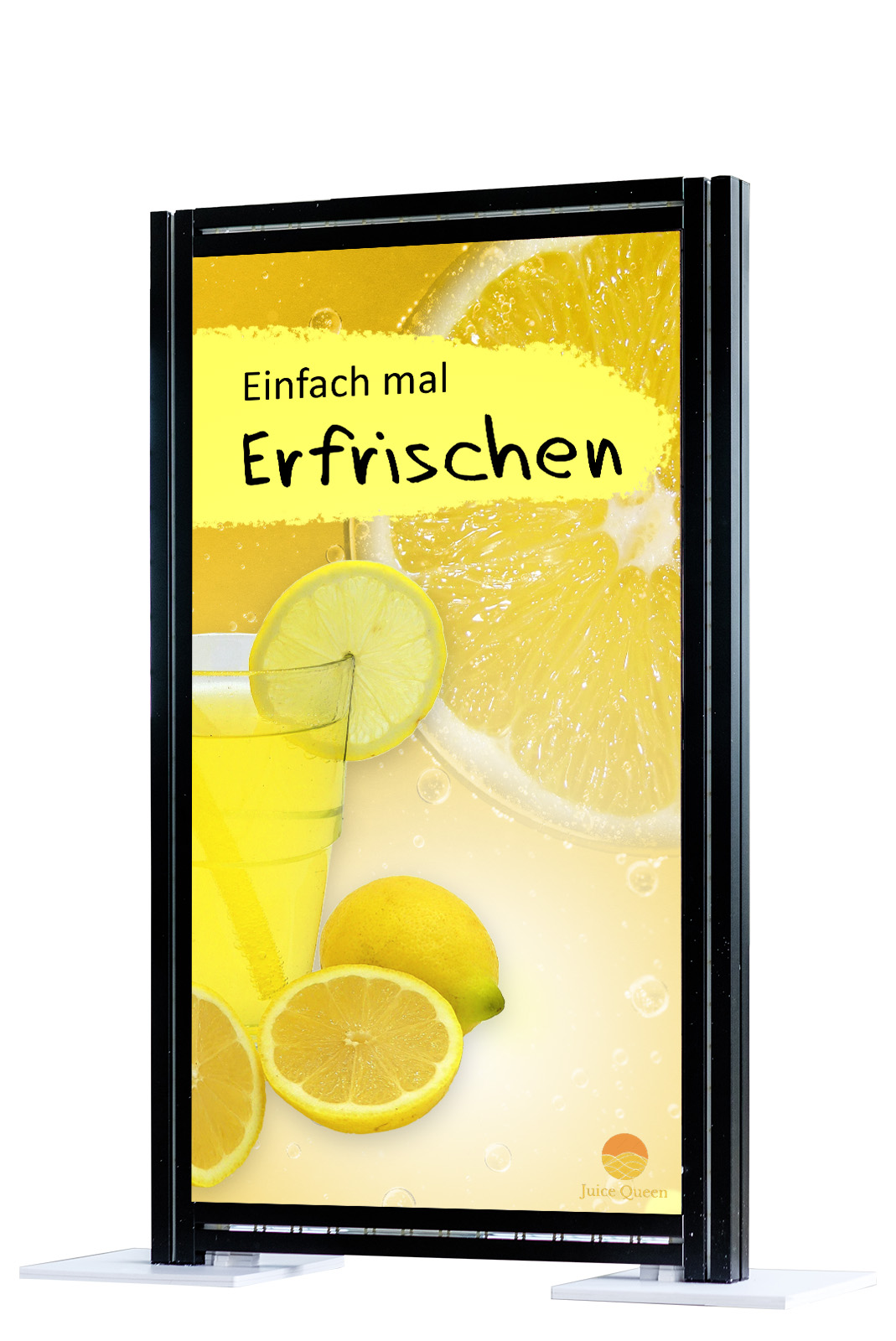 Inhaker Aufsteller mit dem Text 'Einfach mal Erfrischen' und einem Bild von Zitronen und einem Getränk.