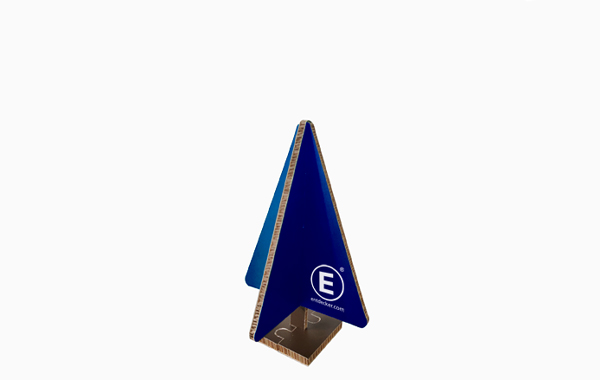 Aufsteller in kleiner Größe, dreieckige Form, blau mit dem Logo von ENTDECKER.