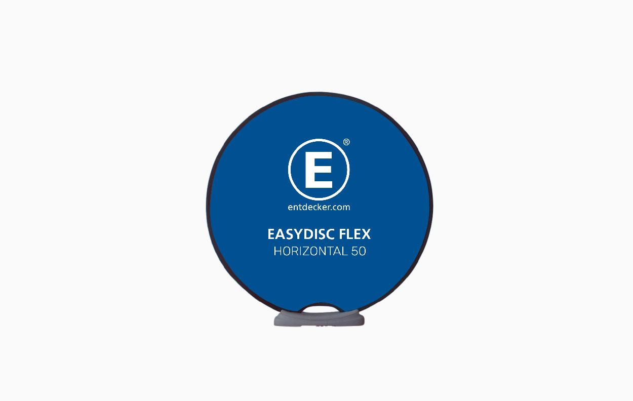 Werbedisplay Easydisc Flex Horizontal 50 in Blau mit weißem Logo und Schriftzug.