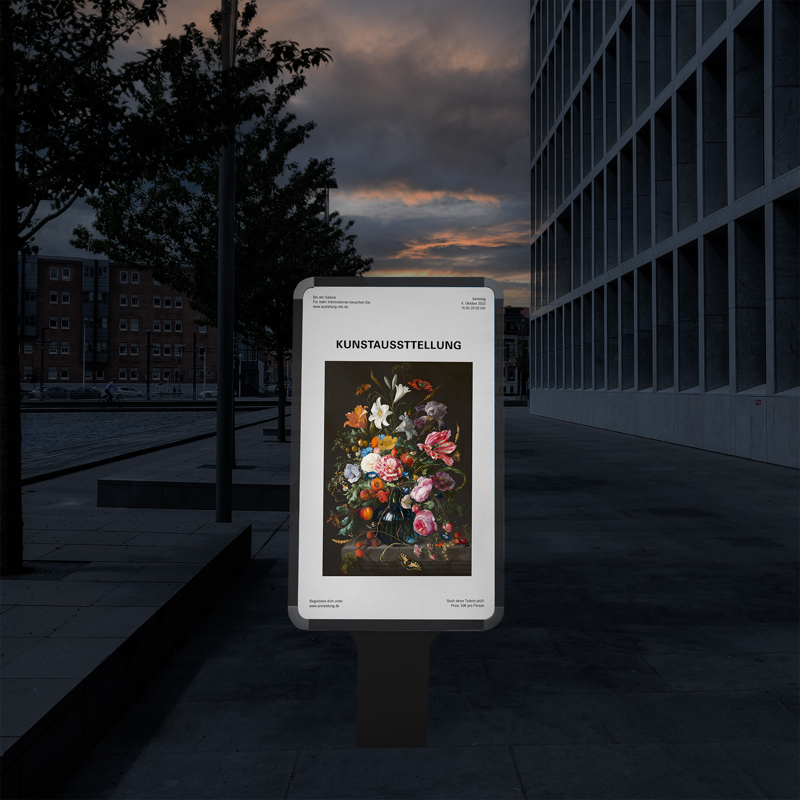 Stadtlicht-Plakat mit dem Titel 'KUNSTAUSSTELLUNG', das ein Blumenstillleben zeigt, vor einem modernen Gebäude.