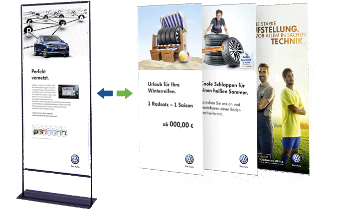Roll-Up Easymag Stand mit drei wechselbaren Bannern: VW Auto, Reifenangebot und Sommeraktion.