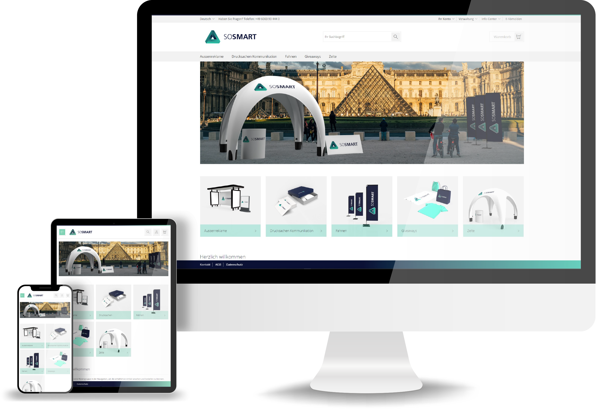 Produkt 'Mockup Sosmart 2' zeigt eine Website mit einem großen Zelt und verschiedenen Produkten im Freien.