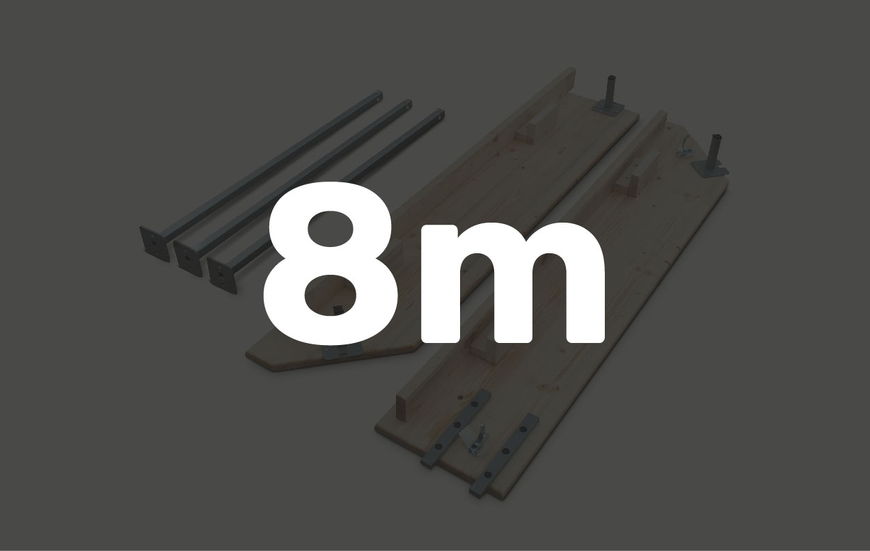 Zubehör für Faltzelt, bestehend aus Holztheke mit zwei Holzplatten und vier Metallstangen, geeignet für 8 Meter Breite.