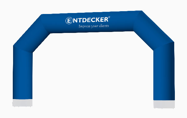 Vento Torbogen in großer Größe aus Stoff, blau mit dem Schriftzug 'ENTDECKER' und dem Slogan 'Impress your clients'