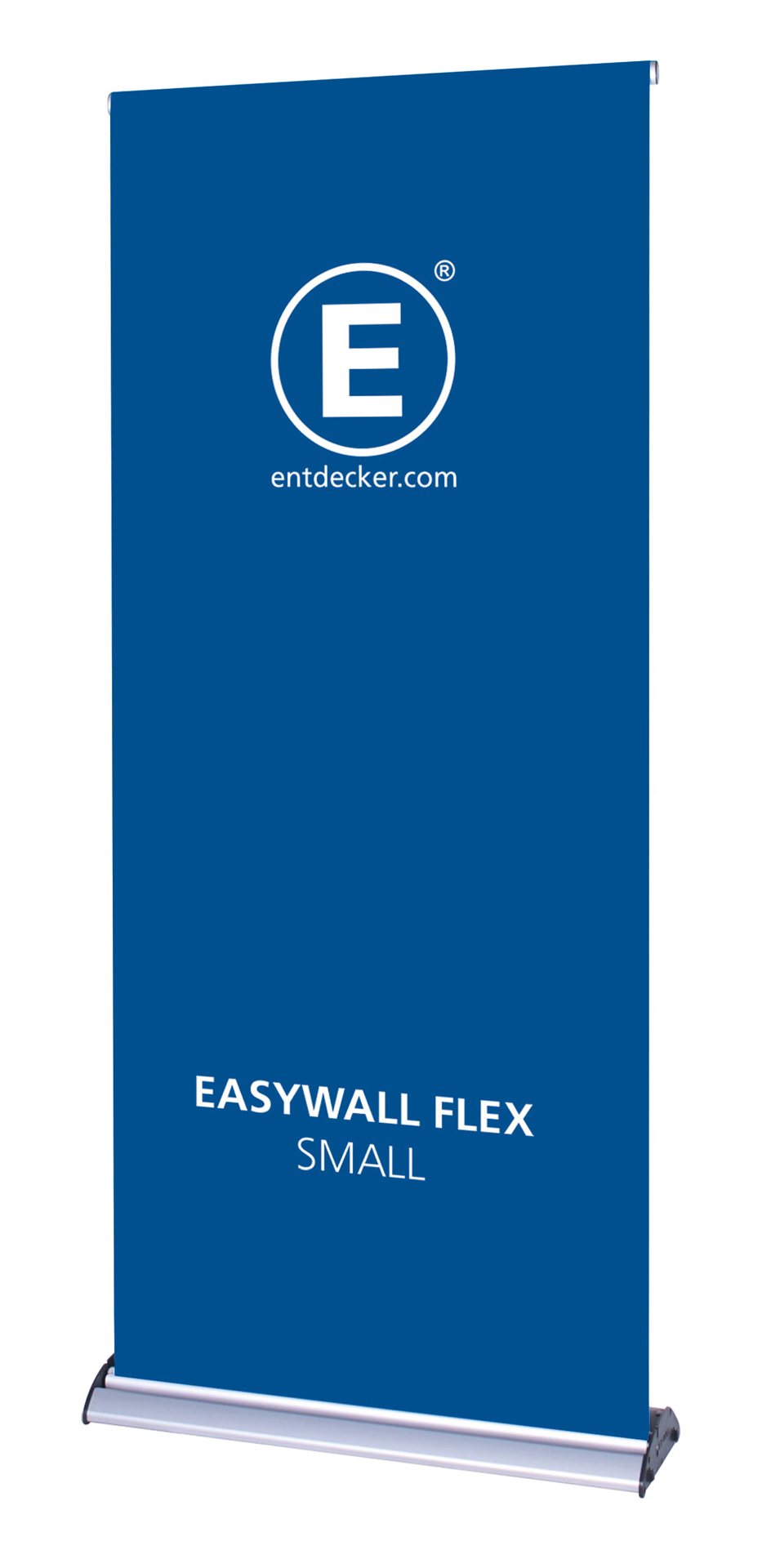 Zwei Roll-Up Banner des Produkts Easywall Flex, eines in der Größe Small und das andere in X-Large, beide in Blau mit dem Logo von ENTDECKER.