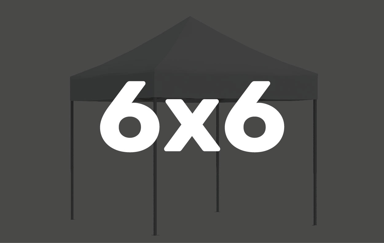 Gewichtssets für ein 6x6 Zelt, dargestellt mit einem Zelt und der Größe '6x6' in großer Schrift.
