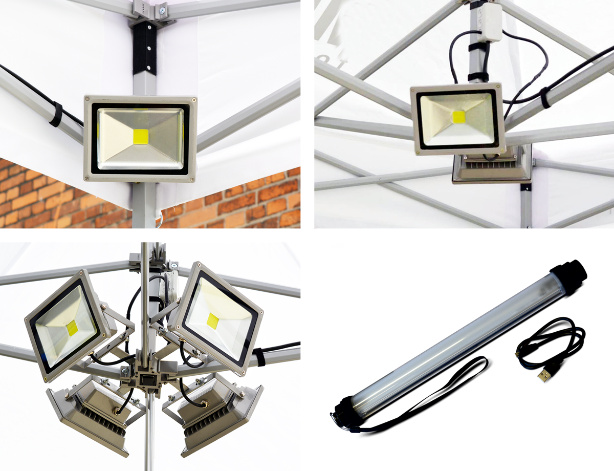 LED-Beleuchtung für Faltzelte, bestehend aus mehreren Scheinwerfern und einer Leuchtstoffröhre mit Kabel.