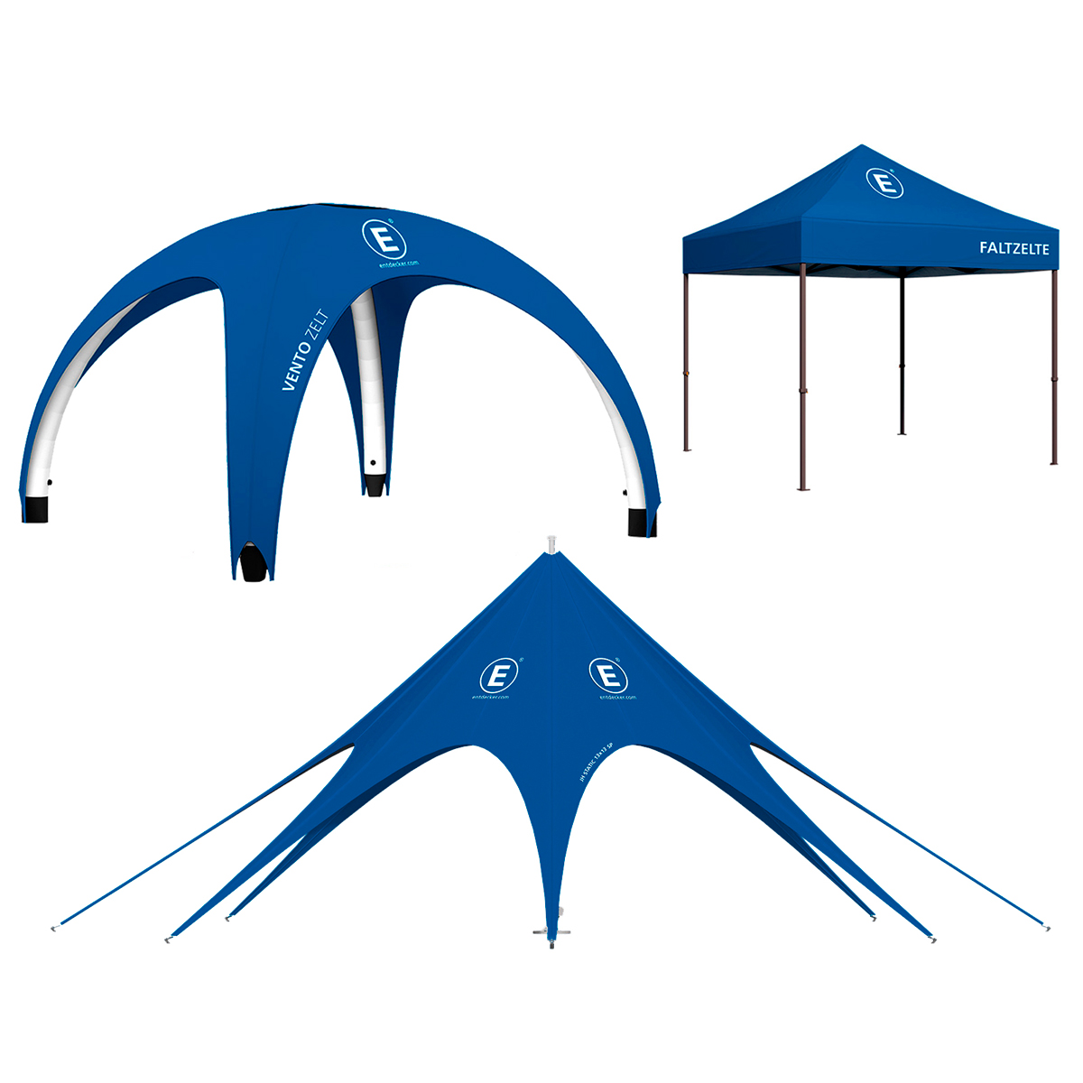 Drei verschiedene Eventzelte in Blau, einschließlich eines Faltzeltes und eines spitzen Zeltes, mit dem Logo von ENTDECKER.