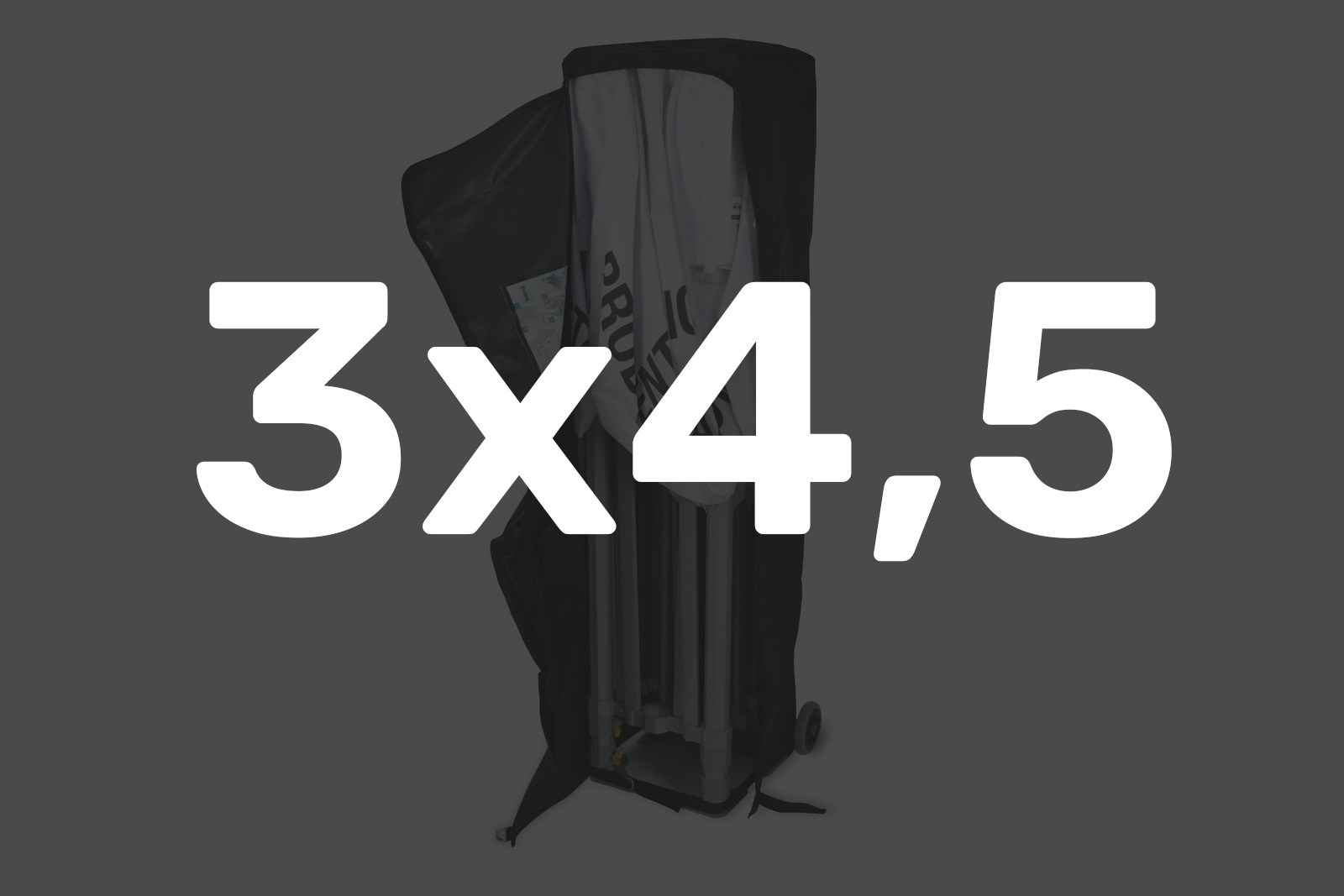 Faltzelte 3x4,5 in einer schwarzen Tasche mit Rollen, teilweise sichtbar.