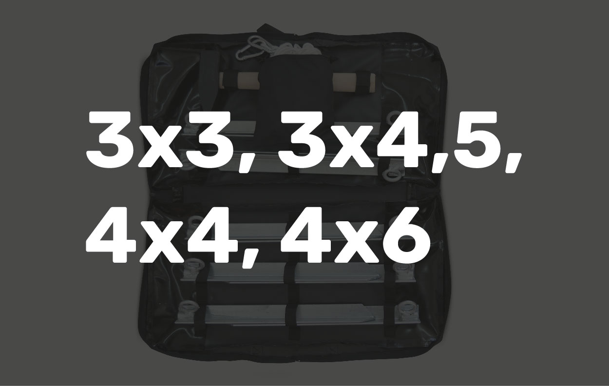 Sicherheitsset für Faltzelte, geeignet für Größen 3x3, 3x4,5, 4x4 und 4x6.