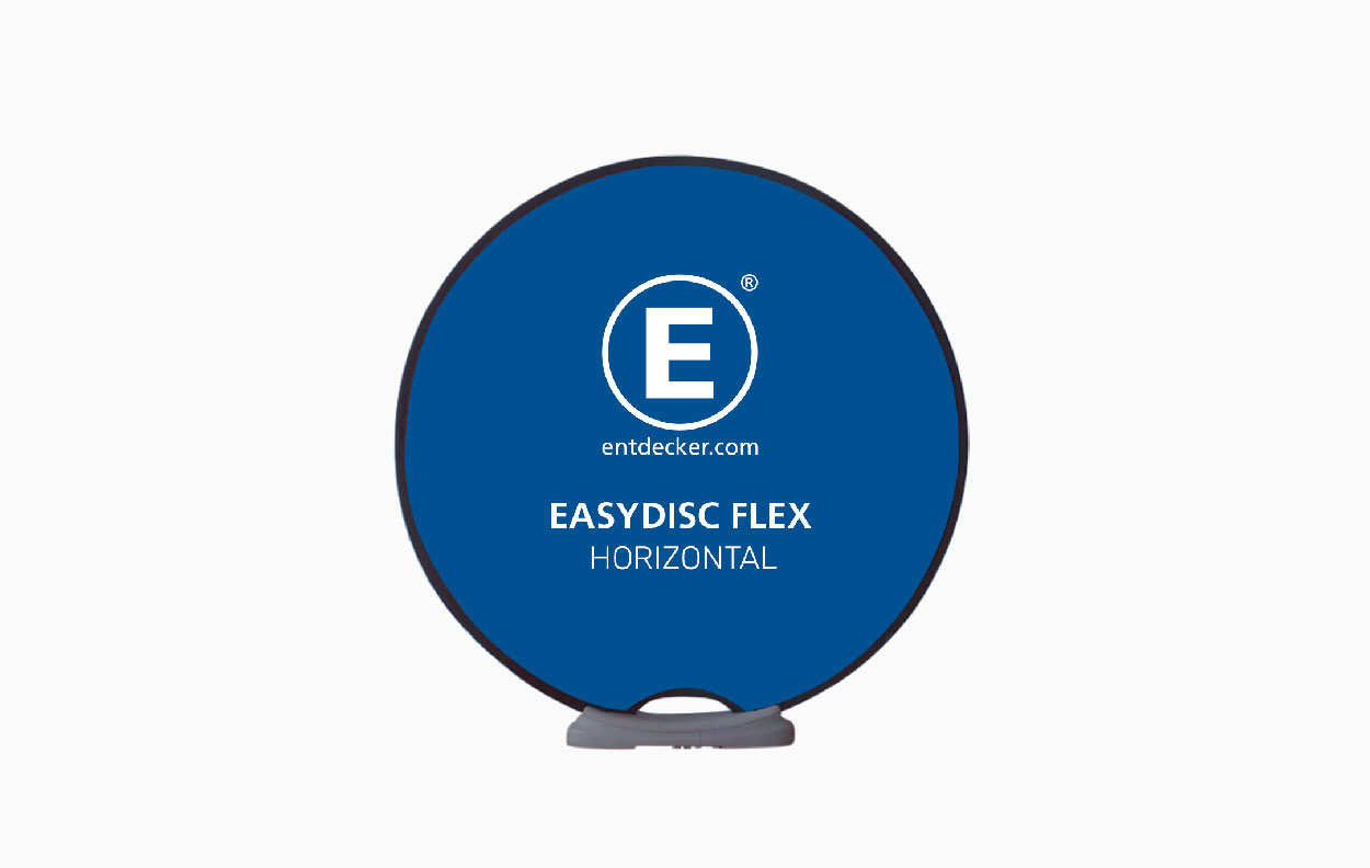 Rundes Werbedisplay 'Easydisc Flex' in horizontaler Ausrichtung, blau mit weißem Logo 'E' und der Aufschrift 'HORIZONTAL'.