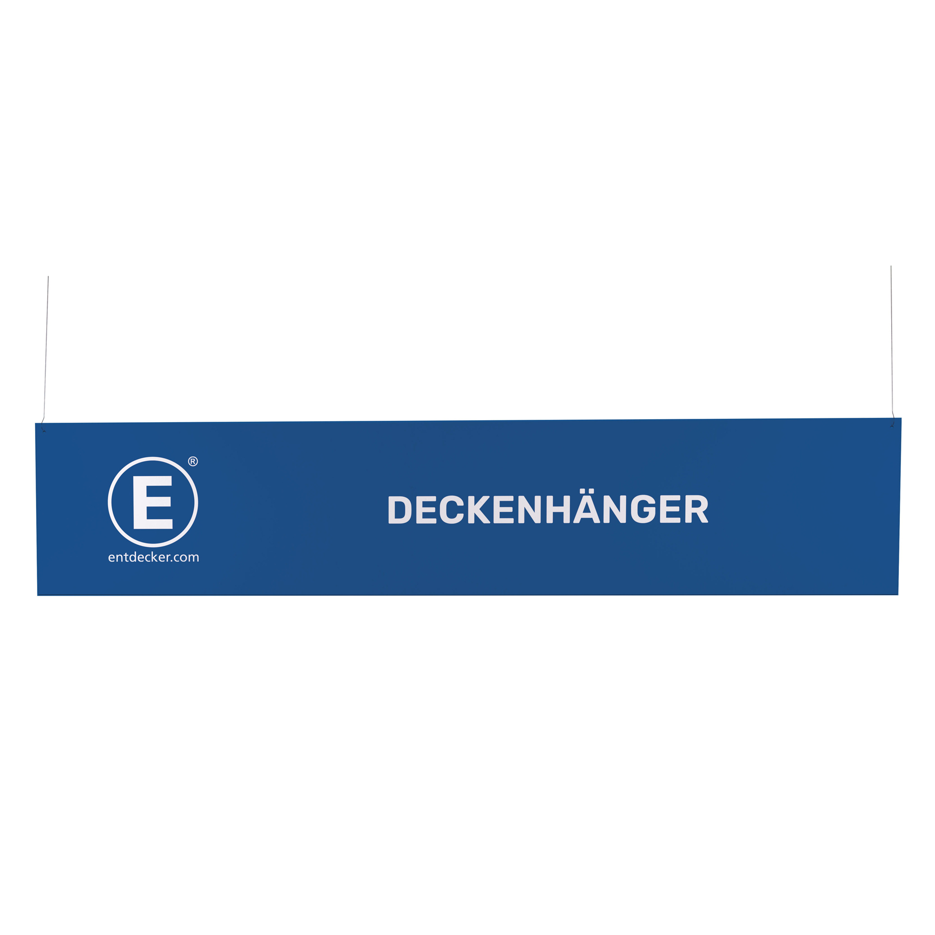 Blauer Deckenhänger mit dem Text DECKENHÄNGER und dem Logo von ENTDECKER.