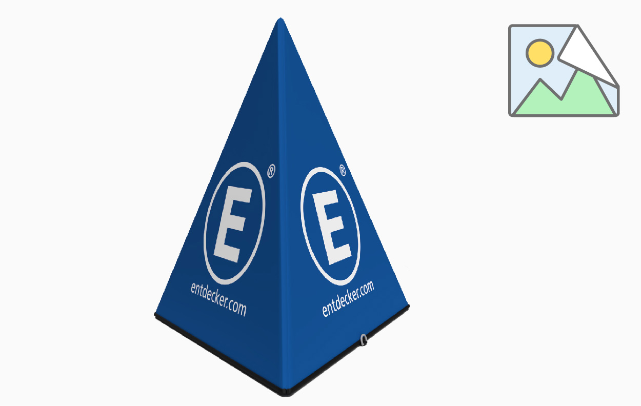 Einseitige Event-Pyramide in Blau mit dem Logo von ENTDECKER und der Website entdecker.com.