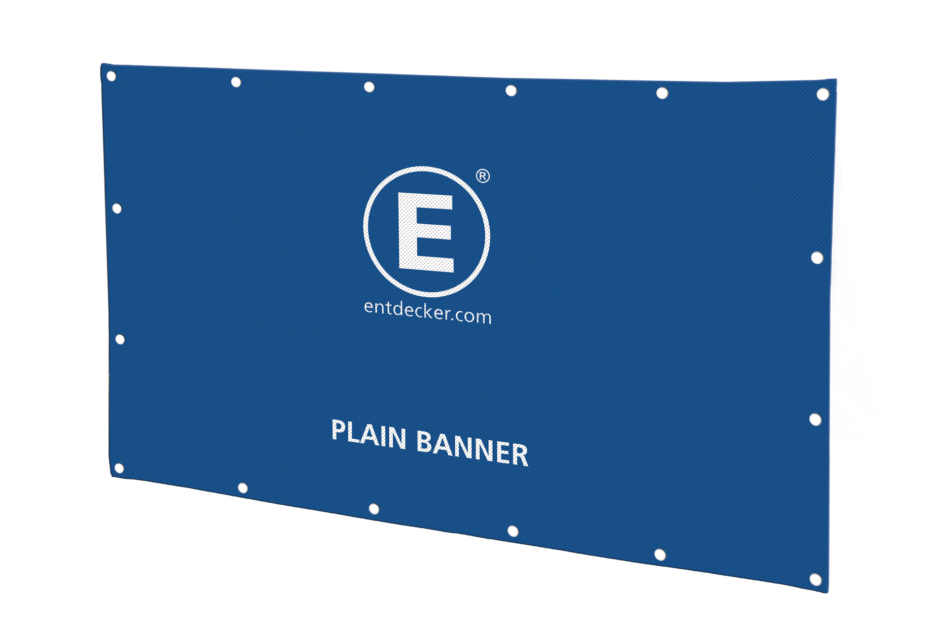 Werbebanner aus Mesh mit Ösen, bedruckt in Blau, mit dem Text PLAIN BANNER und dem Logo von ENTDECKER.