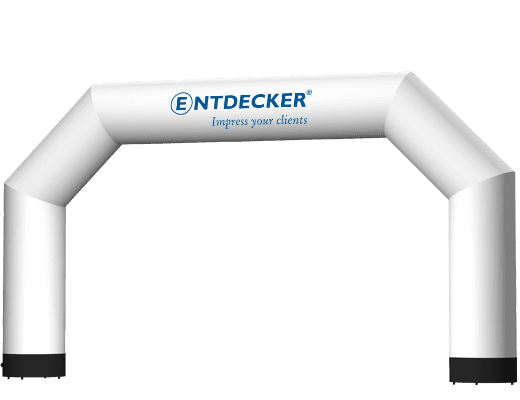Blauer, aufblasbarer Torbogen mit der Aufschrift Impress your clients von ENTDECKER.