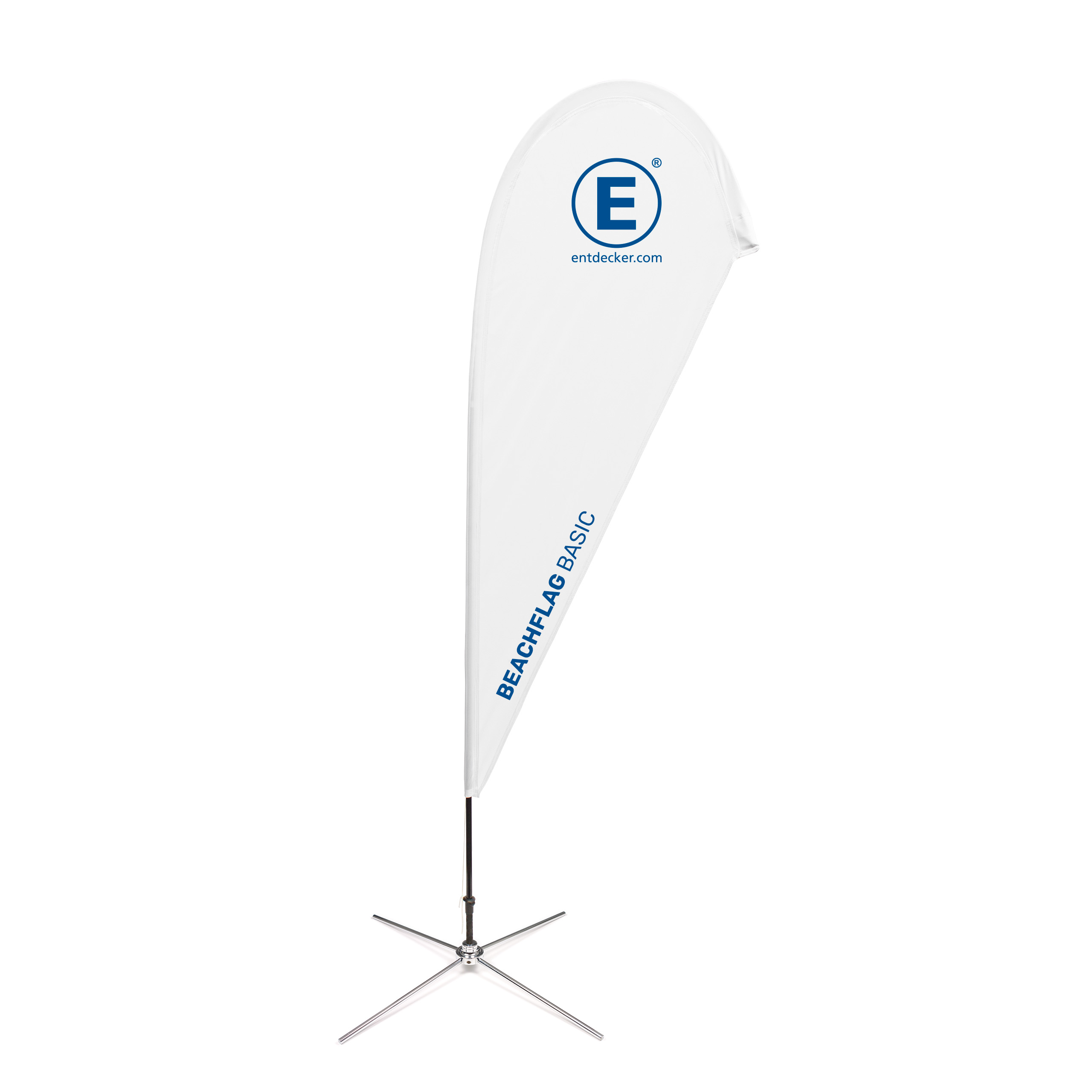 Beachflag Basic Wave von ENTDECKER, weiß mit blauem Logo, auf einem stabilen Standfuß.