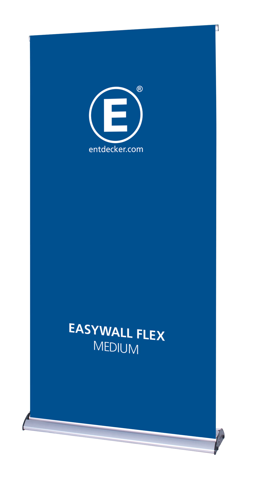 Zwei Roll-Up Banner des Produkts Easywall Flex, eines in der Größe Small und das andere in X-Large, beide in Blau mit dem Logo von ENTDECKER.
