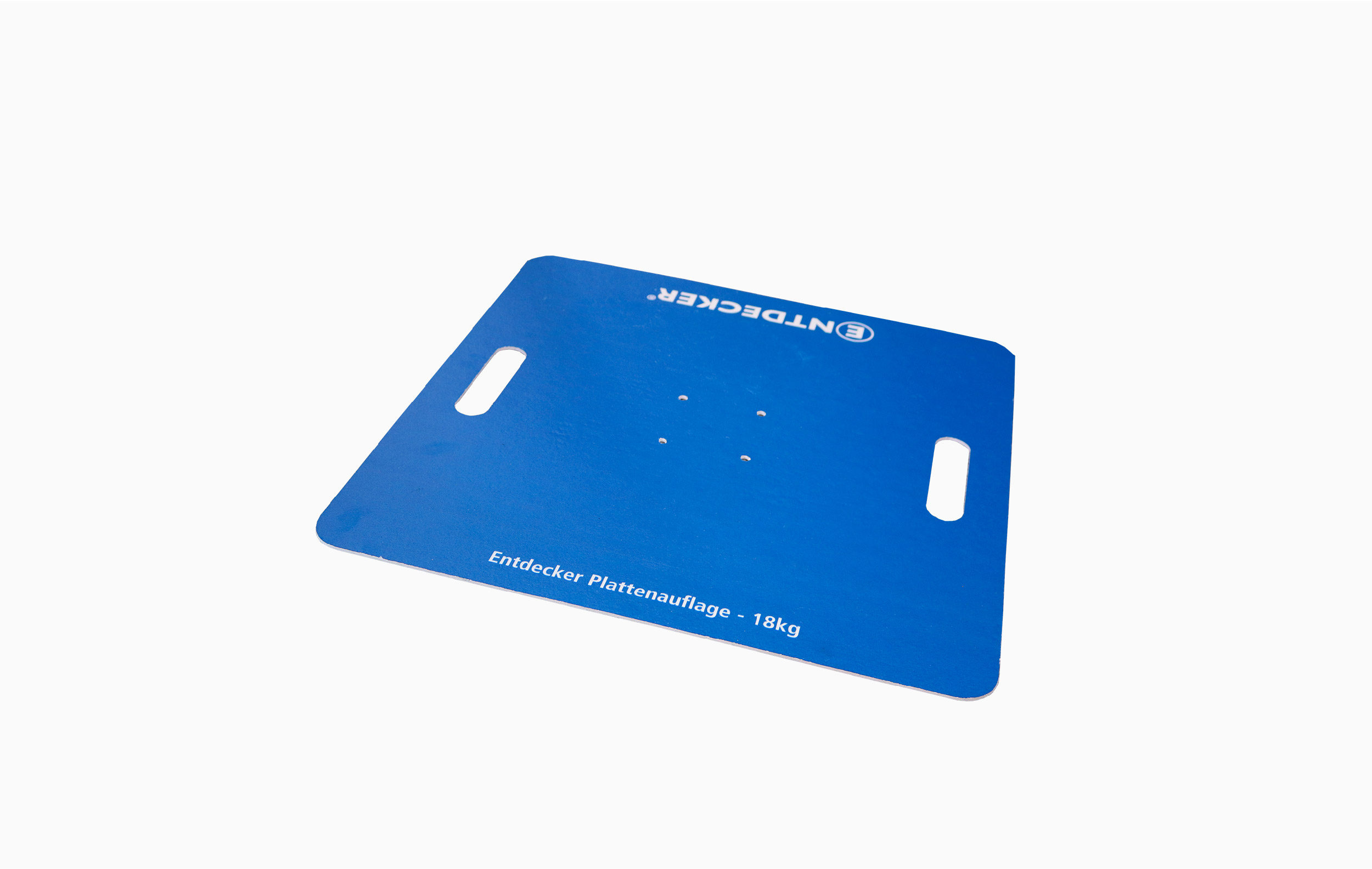 Blaue Abdeckplatte von ENTDECKER, Größe 18 kg, mit zwei Griffen und Löchern in der Mitte.