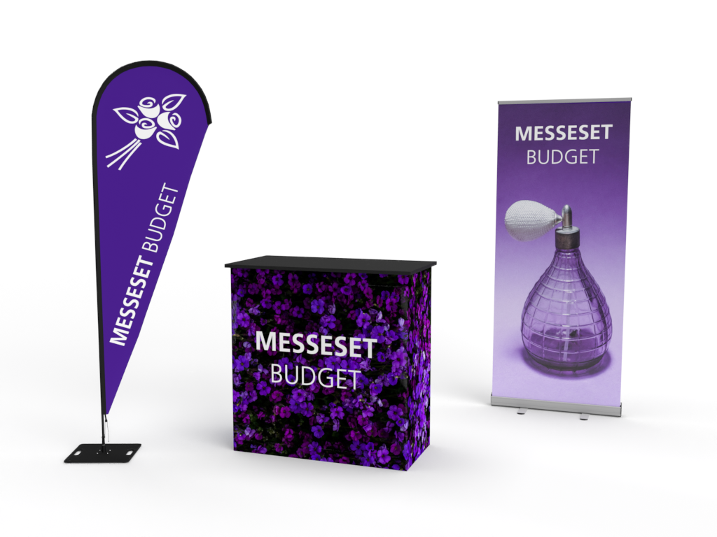 Messeset Budget mit einem Stehtisch, einem Roll-Up-Banner und einem Fahnenbanner, alle in lila mit floralem Design.